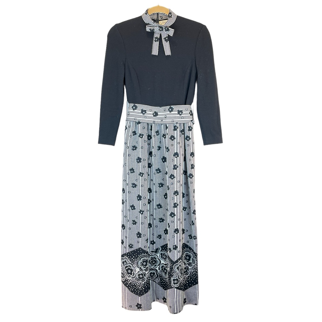 Vtg Francesca For Damon Black Cream Floral Wool Blend Maxi Dress Xxs